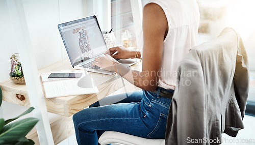 Image of Typing, laptop and woman hands at desk for creative office planning, online research or working in designer, fashion startup. Clothes, inspiration and person on technology, computer or website design