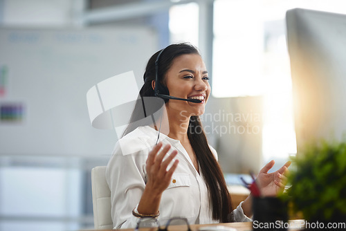 Image of Laughing, agent or happy woman in call center consulting, speaking or talking at virtual assistant help desk. Smile, friendly or funny sales consultant in telemarketing customer services or telecom