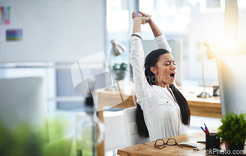 Image of Yawn, stretching or tired woman with fatigue in call center overworked or overwhelmed by telecom deadline. Burnout, exhausted girl or female sales agent yawning while networking overtime at help desk