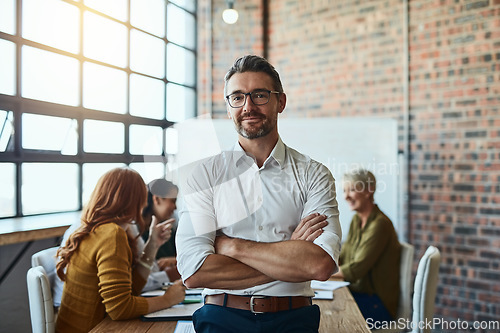 Image of Portrait, business and man with arms crossed, startup success and leadership skills. Face, happy male person and manager with confidence, collaboration and teamwork with partnership and innovation