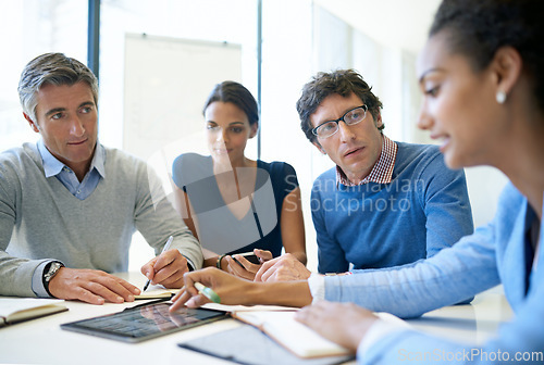 Image of Planning, strategy and tablet with business people in meeting for idea, project management and teamwork. Review, collaboration and branding with employees in boardroom for digital, data and solution