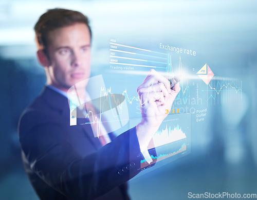 Image of Finance, dashboard and overlay with a business man using a wireless 3d interface for exchange rate trading. Accounting, software and digital information technology with a male broker or trader online