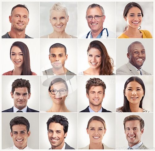 Image of Montage, face collage or portrait of happy people in a community group or society with career success. Profession headshot, profile picture or mosaic of men or women isolated on white background