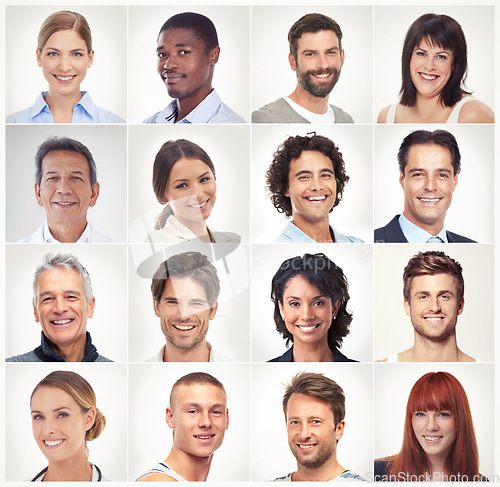 Image of Diverse, face collage or portrait of happy people in a community group or society with headshots. Diversity, profile picture or mosaic of men or women smiling on isolated white background in studio