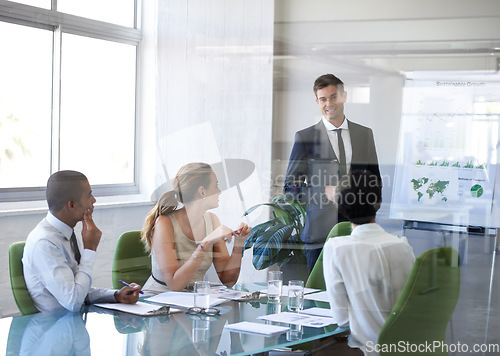 Image of Business man, presentation and growth meeting of sustainable management team with global chart. Speaking, businessman and sales training of staff working in a conference room with transport strategy