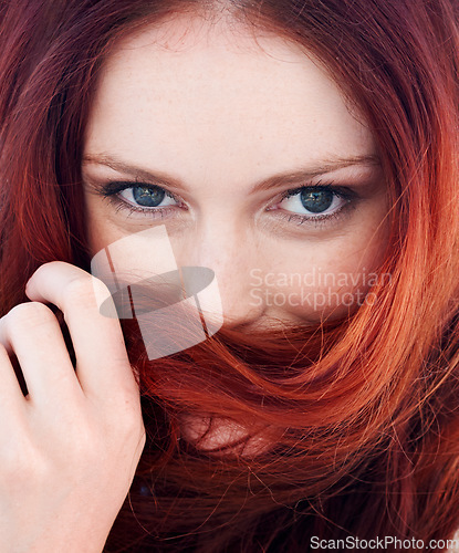 Image of Haircare, portrait and woman with red hair over mouth for keratin, brazilian or botox treatment. Health, wellness and face of a female model with a clean, long and beautiful hairstyle for self care.