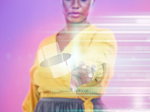 Image of Touch, hologram and woman hand isolated on neon background in digital data, overlay and futuristic technology. Touchscreen, glow and person of holographic, cyber and system dashboard in studio