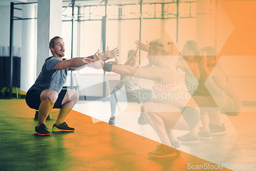 Image of Fitness group, personal trainer and squat exercise, workout and training in gym class. Athlete man and women team together for power challenge, commitment or strong muscle at club with mockup overlay