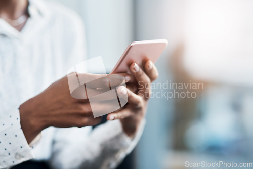 Image of Businesswoman, typing and closeup of hands with a phone on social media, mobile app or internet. Technology, communication and cellphone for browsing or networking on online website or text message.
