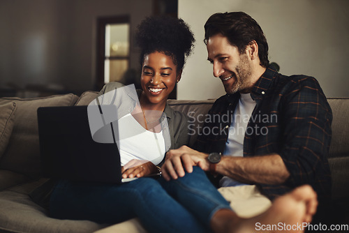 Image of Laptop, relax and streaming with a couple watching a movie using an online subscription service for entertainment. Computer, internet or interracial man and woman bonding together over a video