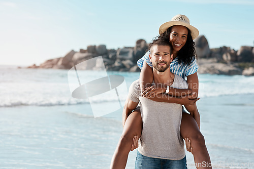 Image of Beach, piggy back and portrait of happy couple with space, romantic summer holiday and travel to ocean. Love, man and woman with fun at sea, happiness and mockup on vacation time together in Mexico.