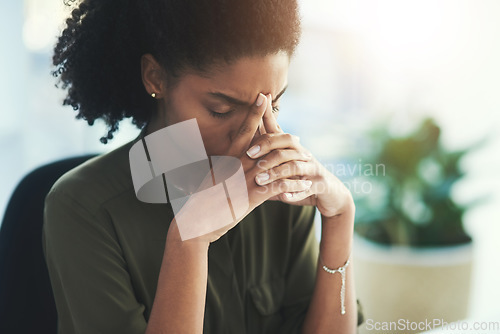 Image of Burnout, stress and business woman in office with problem, mistake and working on deadline. Headache, anxiety and African female worker with frustrated, stressed out and migraine thinking of solution