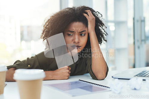 Image of Burnout, stress and tired business woman in office with workload, pressure and working on deadline. Corporate, anxiety and African female worker overwhelmed, lazy and low energy with fail at desk