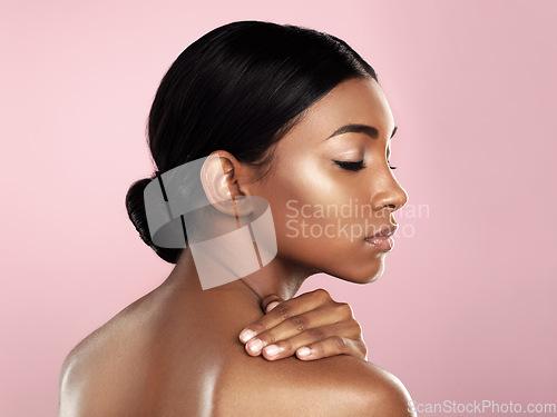 Image of Beauty, profile and makeup of Indian woman for skincare, facial or wellness treatment or dermatology, spa or cosmetics in studio. Girl, selfcare or luxury mockup or isolated face with skin confidence