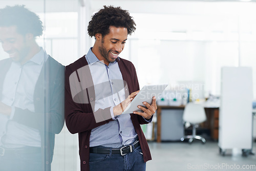 Image of Smile, digital tablet and black man in office for planning, research and schedule management. Happy, male and african businessman online for digital marketing, research and web app for creative plan