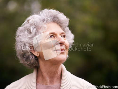 Image of Happy senior woman, smile and thinking in nature for hope, joy or retirement in the outdoors. Face of thoughtful elderly female smiling in happiness, future or reflection for natural life or vitality