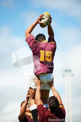 Image of Rugby, ball and men with fitness, competition and training for wellness, exercise and teamwork. Professional players, group or male athletes with sports, match and practice with workout and challenge