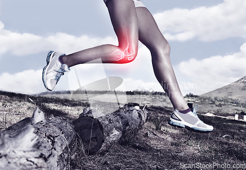 Image of Legs of woman running, red and knee pain with overlay, fitness and health with injury, bone and medical emergency. X ray, anatomy and skeleton with female runner outdoor, inflammation and sprain