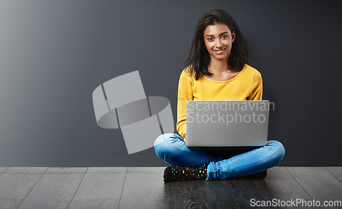 Image of Woman with smile, laptop and technology, student typing with education, mockup space and portrait. Happy, learning and female person studying, research online for project and internet connection