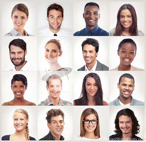 Image of Diversity, face mosaic or portrait of happy people in a community group or country with diverse races. Headshot of profile pictures, smile or collage of men or women isolated on white background