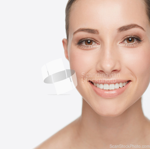 Image of Portrait, beauty and woman with cosmetics, skincare or confident girl isolated against white studio background. Face, female person or model with a smile, grooming or salon treatment with dermatology