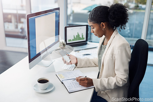 Image of Business woman with smartphone, notebook and schedule at desk with calendar app and daily agenda at corporate firm. Professional female person writing in diary, check mobile phone and planning tasks