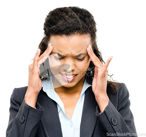 Image of Business woman, face and stress headache on isolated white background for investment mistake, crisis or financial loss. Hands, pain and burnout migraine for corporate worker with stock market anxiety