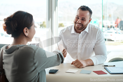 Image of Meeting, handshake and business people in partnership, clients contract and agreement sign for career success. Happy professional man shaking hands with woman in job hiring, recruitment and interview