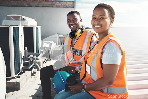 Image of Portrait, engineer team and black people on coffee break at construction site. Smile, architects and man and woman relax with tea after building project, working or engineering collaboration in city.