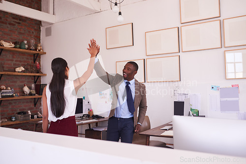 Image of Happy business people, high five and success for teamwork, winning celebration and office collaboration. Employees, excited black man and celebrate partnership, achievement and motivation of mission