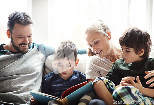 Image of Family, reading book together with parents and kids, happiness at home with story time and learning. Love, relationship and happy people bonding in living room, education and mom, dad with children