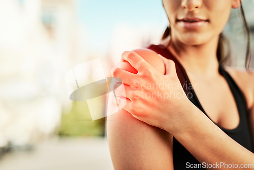 Image of Closeup, fitness and woman with shoulder pain, sports and exercise with burnout, tired and broken. Zoom, female person and athlete with muscle tension, strain and injury with health issue and workout