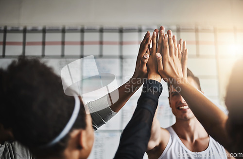 Image of Fitness, happy and high five of people in gym for motivation, support and target. Workout, exercise and training with hands of friends in sports center for team building, challenge and achievement