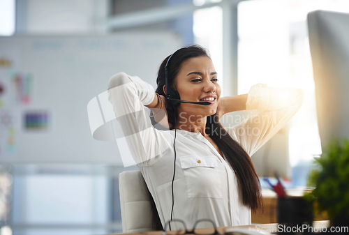 Image of Relax, stretching or happy woman in call center consulting, speaking or talking at customer services. Virtual assistant, rest break or sales consultant in telemarketing or telecom company help desk