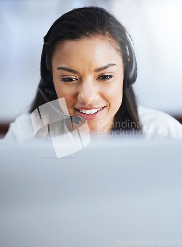 Image of Virtual assistant, face or happy woman in call center consulting, speaking or talking at customer services. Girl, friendly smile or sales consultant in telemarketing or telecom company help desk