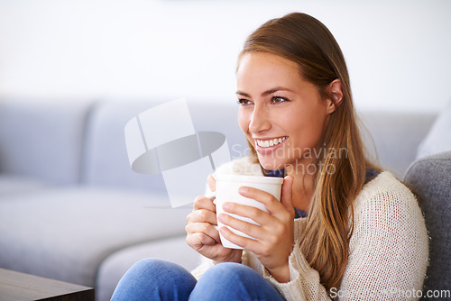 Image of Thinking, coffee and smile of woman in home enjoying caffeine, espresso or cappuccino in living room. Happiness, tea and female person with idea in lounge, drinking beverage and relax in house mockup