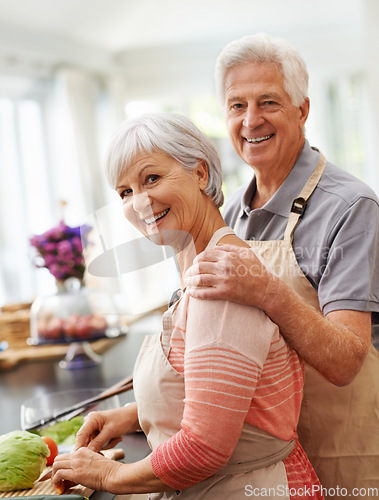 Image of Cooking, health and portrait of old couple in kitchen for salad, love and nutrition. Happy, smile and retirement with senior man and woman cutting vegetables at home for food, dinner and recipe