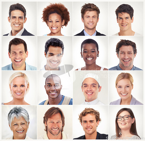 Image of Diversity, face and collage portrait of happy people in a community group or society with career success. Profession headshot, profile picture or mosaic of men or women isolated on white background