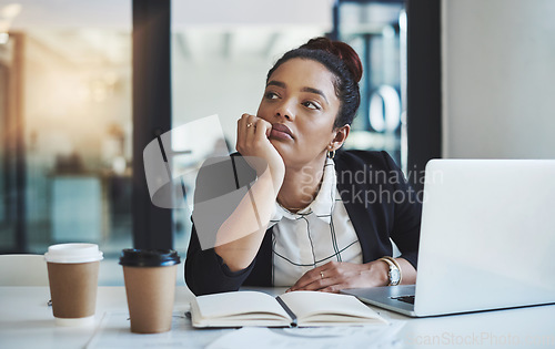 Image of Bored, tired and businesswoman with a laptop in office while working on corporate project. Thinking, lazy and professional female employee with coffee, notebook and computer for research in workplace