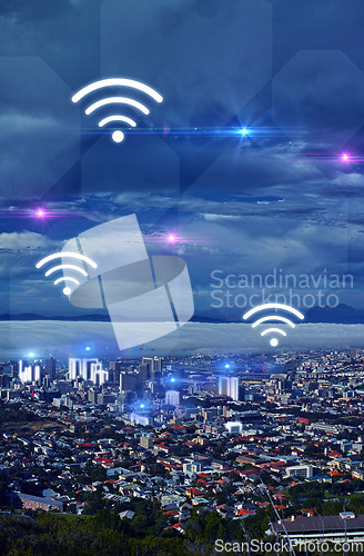 Image of Connection, night and overlay landscape of the city with internet web access and network. Digital, dark sky and s town with cyber accessibility, connectivity and icon in the evening for networking