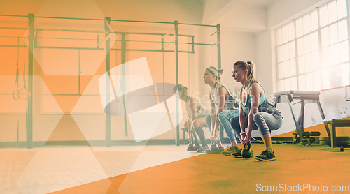 Image of Fitness, kettlebell and women group at gym for exercise, workout and focus on training. Athlete team or people together for power challenge, lunge and strong muscle at health club with mockup overlay