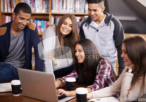 Image of University, friends and people on laptop laugh for social media in library for project, study and learning. Education, college and happy men and women on computer for knowledge, internet and humour