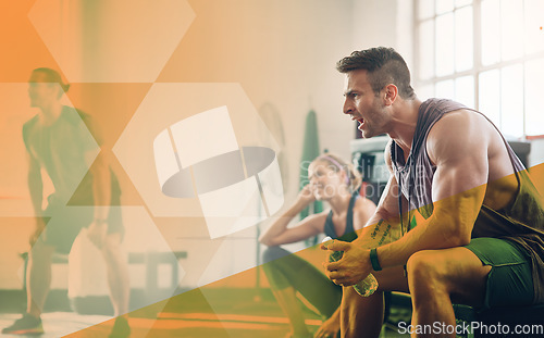 Image of Fitness, man and shout for motivation at gym with group of people together for exercise. Athlete men and women team for power challenge, commitment and support at a club with a mockup overlay