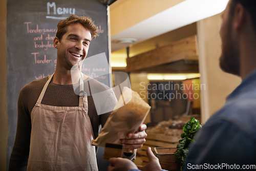 Image of Man, cafe and customer paying for food or sandwich sale at supermarket or entrepreneur stall. Retail, male store owner or buyer at a restaurant for snack or business owner and shopping experience