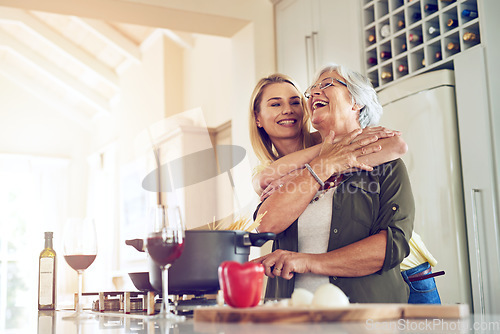 Image of Hug, mother or happy woman cooking food for a healthy vegan diet together with love in family home. Smile, embrace or adult child hugging or helping senior mom in house kitchen for lunch or dinner