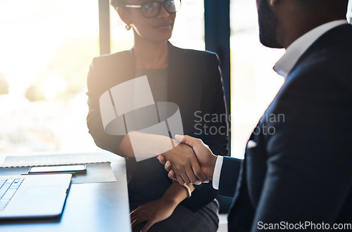 Image of Hand shake, man and woman in office for agreement, welcome, b2b collaboration or onboarding with respect. Businessman, partnership and shaking hands for human resources, hiring or negotiation meeting