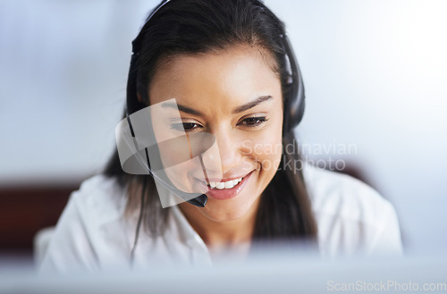 Image of Communication, face or friendly girl in call center consulting, speaking or talking at customer services. Virtual assistant, happy or sales consultant in telemarketing or telecom company help desk