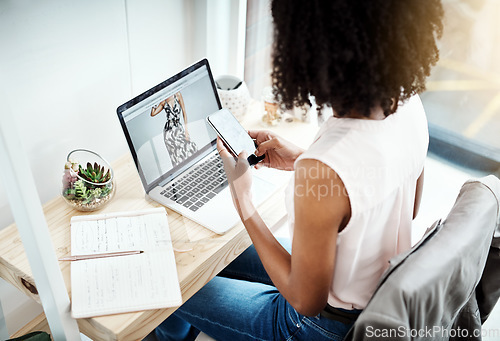 Image of Laptop screen, phone and fashion woman typing, planning and networking for e commerce, business and creativity. Creative person in rear on mobile app, computer and notebook for clothes design online
