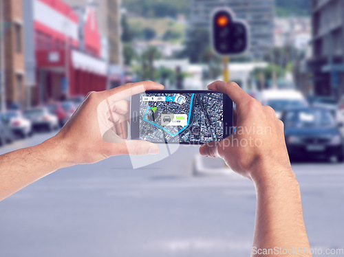 Image of Hands, smartphone screen and map direction data for city, urban or road travel, location and route. Mobile, person and app information or ux, journey display or navigation, virtual and guide