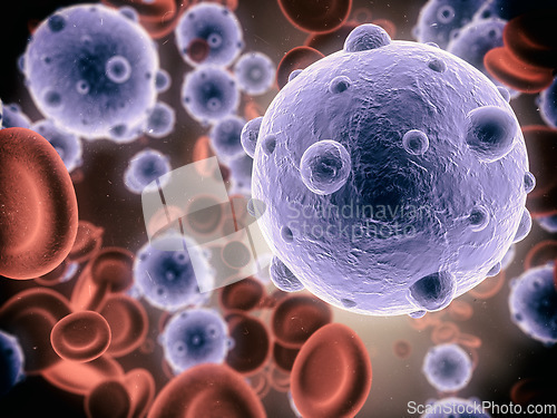 Image of Microscope, virus and healthy cells with blood, illness and medical issue with body and attack. Illustration, healthcare problem and research for cure, diagnosis and cancer with bacteria and molecule